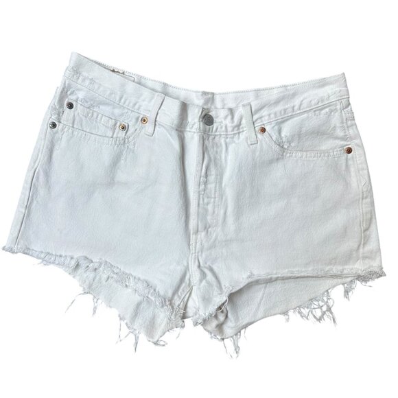 Levis‎ 501 Shorts Cutoff White Denim Mid-Rise Frayed Hem Retro Y2K W32 - Picture 1 of 6